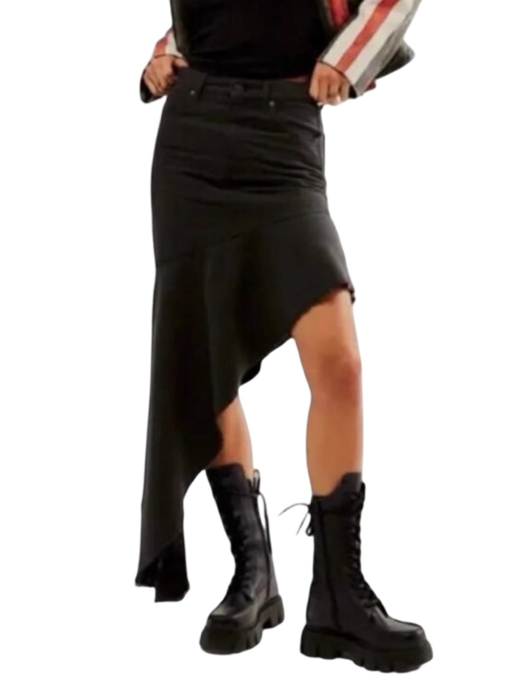 Mother Snacks Crinkle Cut Asymmetrical Denim Midi Skirt Black Size 27 NWT